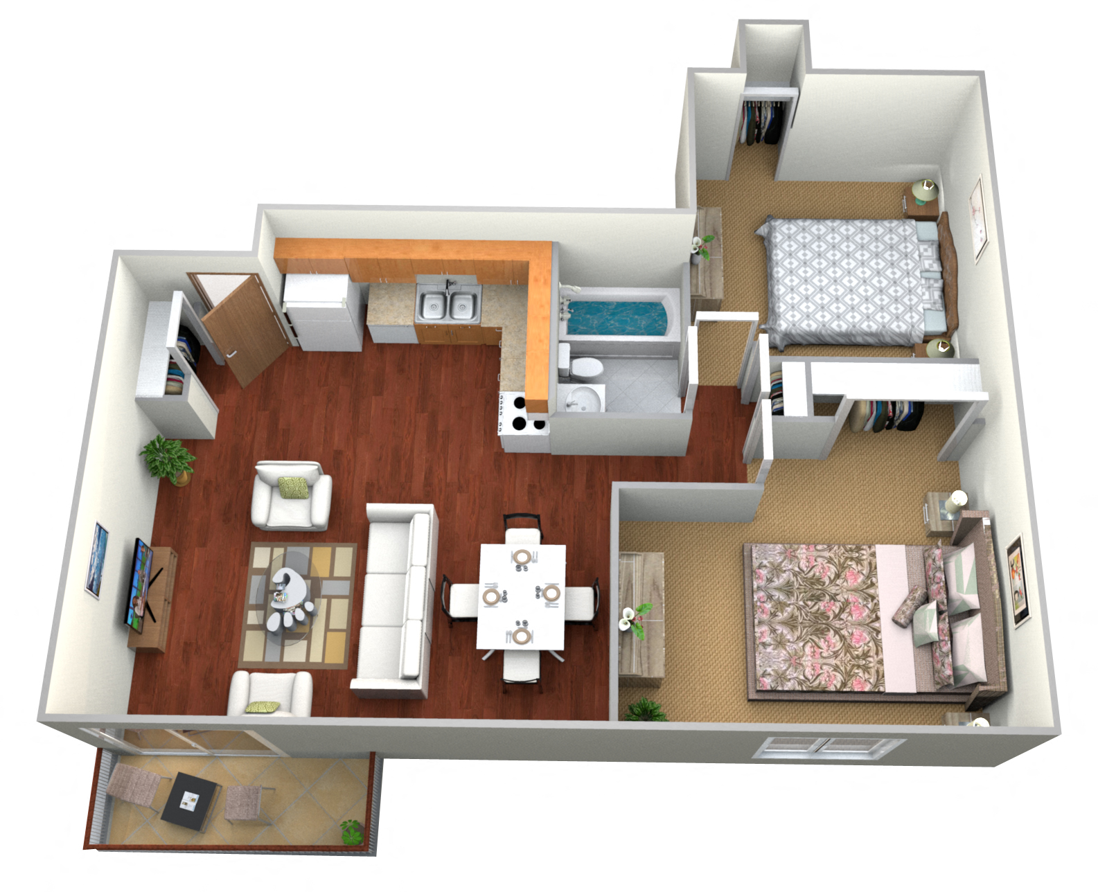 Floor plan for 2 beds, 1 bath, 700 sqft